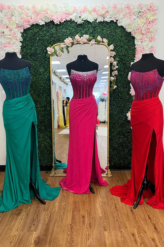 Sparkly Strapless Emerald Green Long Corset Prom Dress with Slit