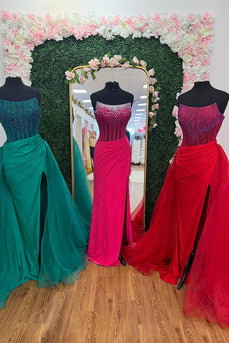 Sparkly Strapless Emerald Green Long Corset Prom Dress with Slit