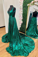 Load image into Gallery viewer, Metallic Emerald Green Pleated Backless Corset Long Prom Dress