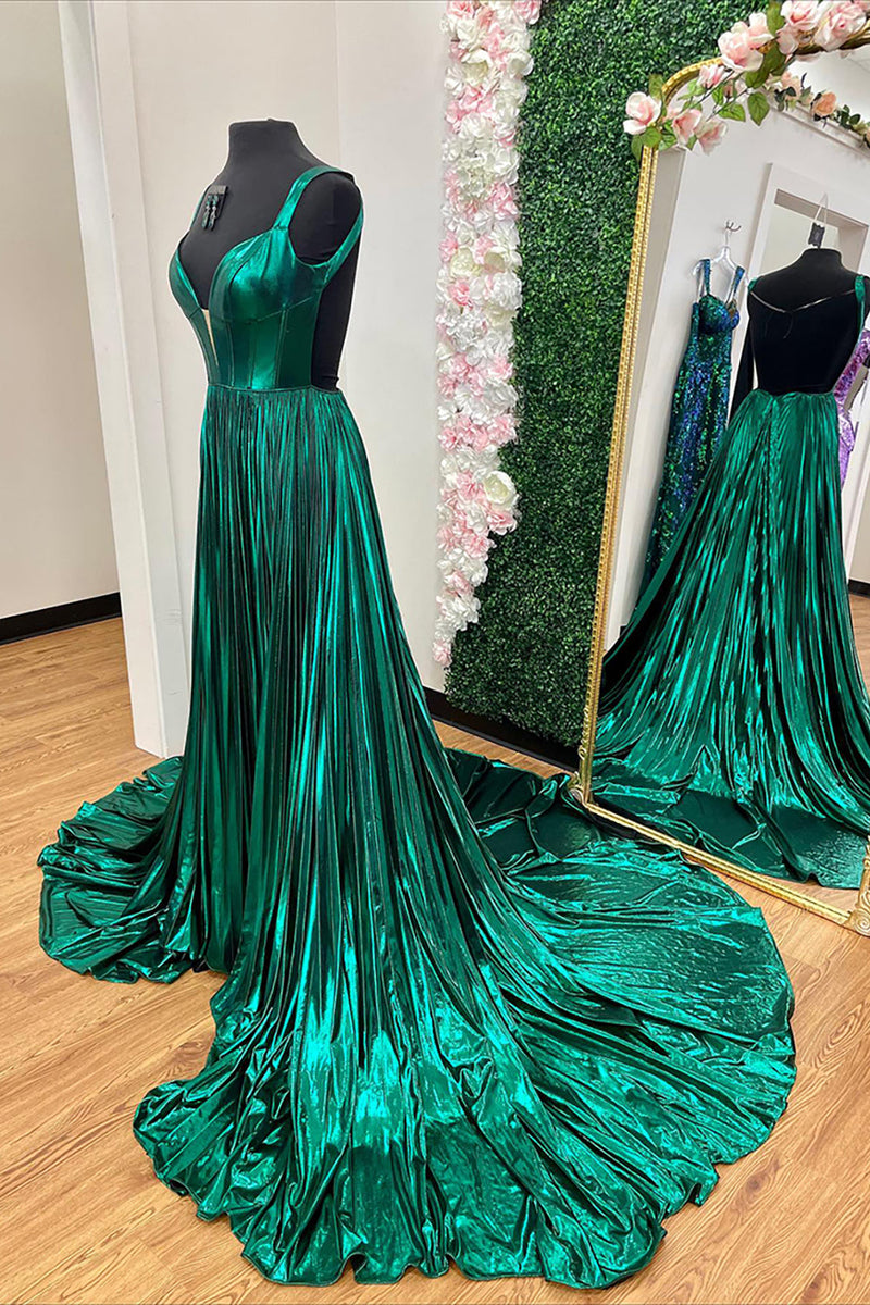 Load image into Gallery viewer, Metallic Emerald Green Pleated Backless Corset Long Prom Dress