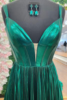 Load image into Gallery viewer, Metallic Emerald Green Pleated Backless Corset Long Prom Dress