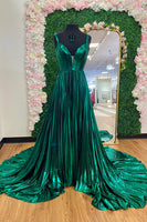 Load image into Gallery viewer, Metallic Emerald Green Pleated Backless Corset Long Prom Dress