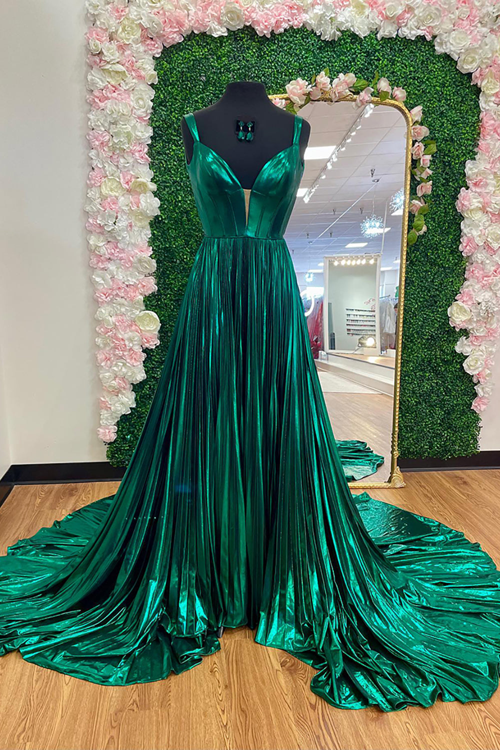 Metallic Emerald Green Pleated Backless Corset Long Prom Dress