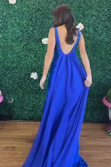 Sparkly Royal Blue V Neck Long Mermaid Prom Dress with Cape