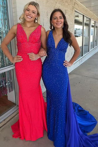 Sparkly Royal Blue V Neck Long Mermaid Prom Dress with Cape