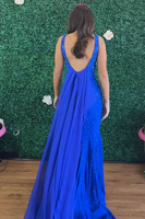 Load image into Gallery viewer, Sparkly Royal Blue V Neck Long Mermaid Prom Dress with Cape
