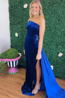 Load image into Gallery viewer, Royal Blue Velvet Mermaid Long Holiday Party Dress with Side Cape