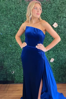 Load image into Gallery viewer, Royal Blue Velvet Mermaid Long Holiday Party Dress with Side Cape