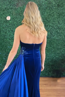 Load image into Gallery viewer, Royal Blue Velvet Mermaid Long Holiday Party Dress with Side Cape