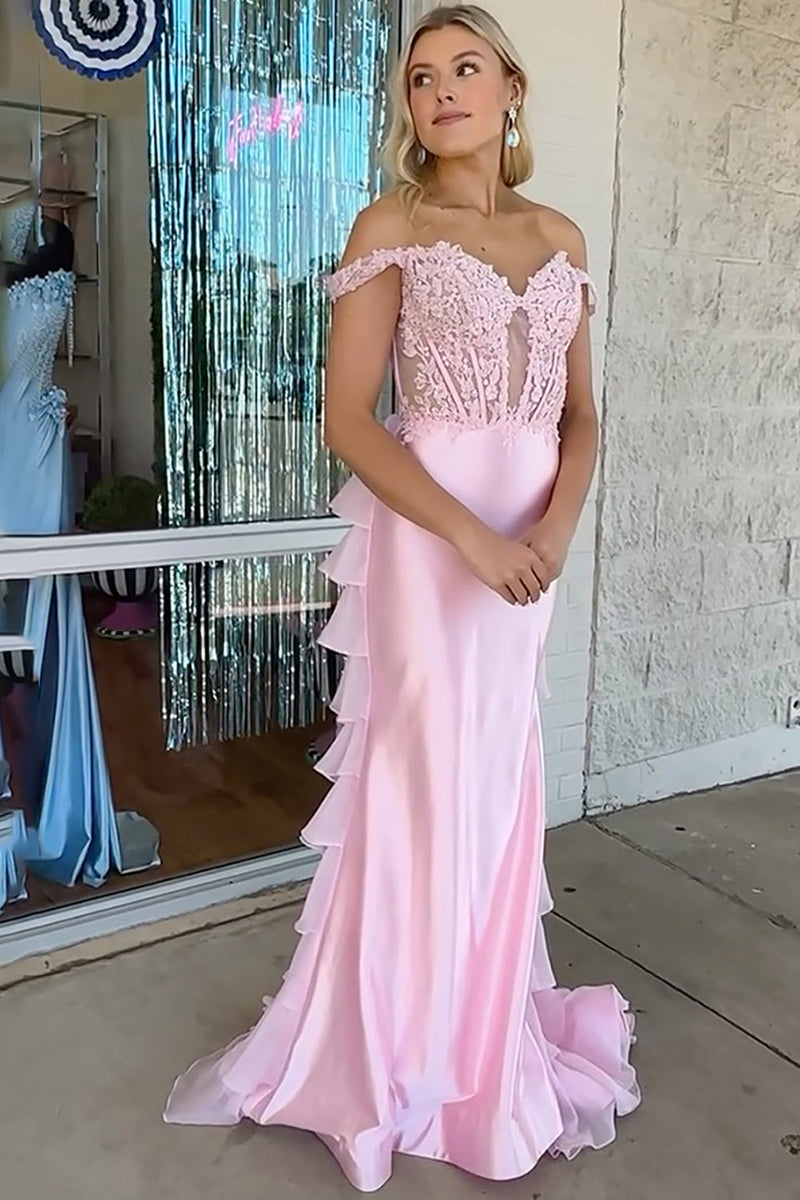 Load image into Gallery viewer, Pink Off the Shoulder Ruffled Mermaid Long Corset Prom Dress