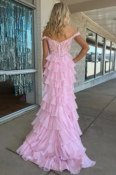 Pink Off the Shoulder Ruffled Mermaid Long Corset Prom Dress