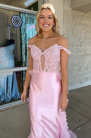 Load image into Gallery viewer, Pink Off the Shoulder Ruffled Mermaid Long Corset Prom Dress