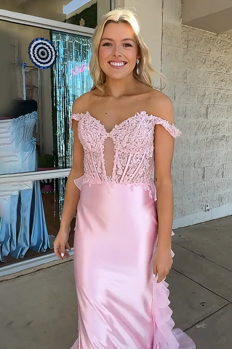Load image into Gallery viewer, Pink Off the Shoulder Ruffled Mermaid Long Corset Prom Dress
