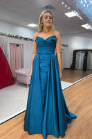 Load image into Gallery viewer, Blue Satin Mermaid Sweetheart Long Prom Dress with Cape