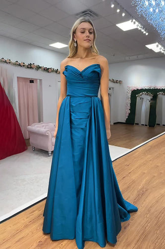 Blue Satin Mermaid Sweetheart Long Prom Dress with Cape