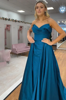 Load image into Gallery viewer, Blue Satin Mermaid Sweetheart Long Prom Dress with Cape