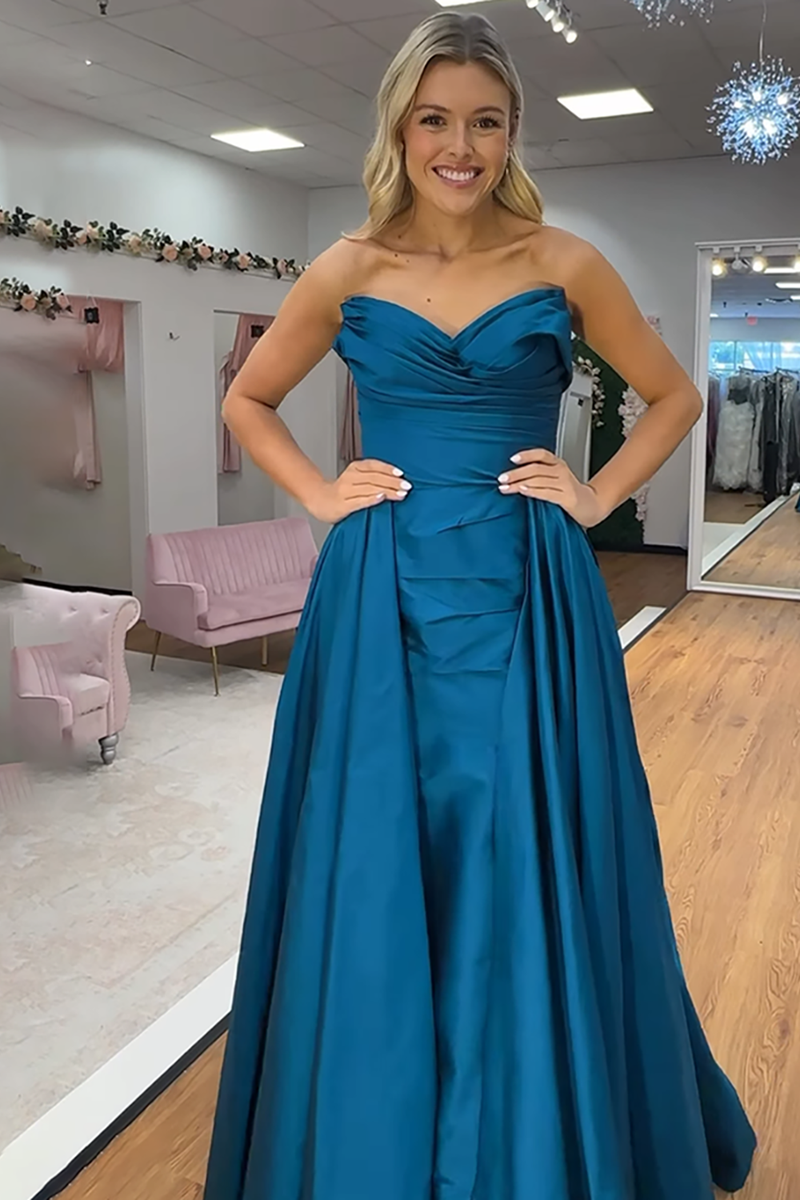 Load image into Gallery viewer, Blue Satin Mermaid Sweetheart Long Prom Dress with Cape