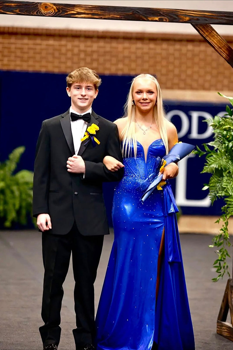 Load image into Gallery viewer, Sparkly Royal Blue Mermaid Strapless Corset Long Prom Dress