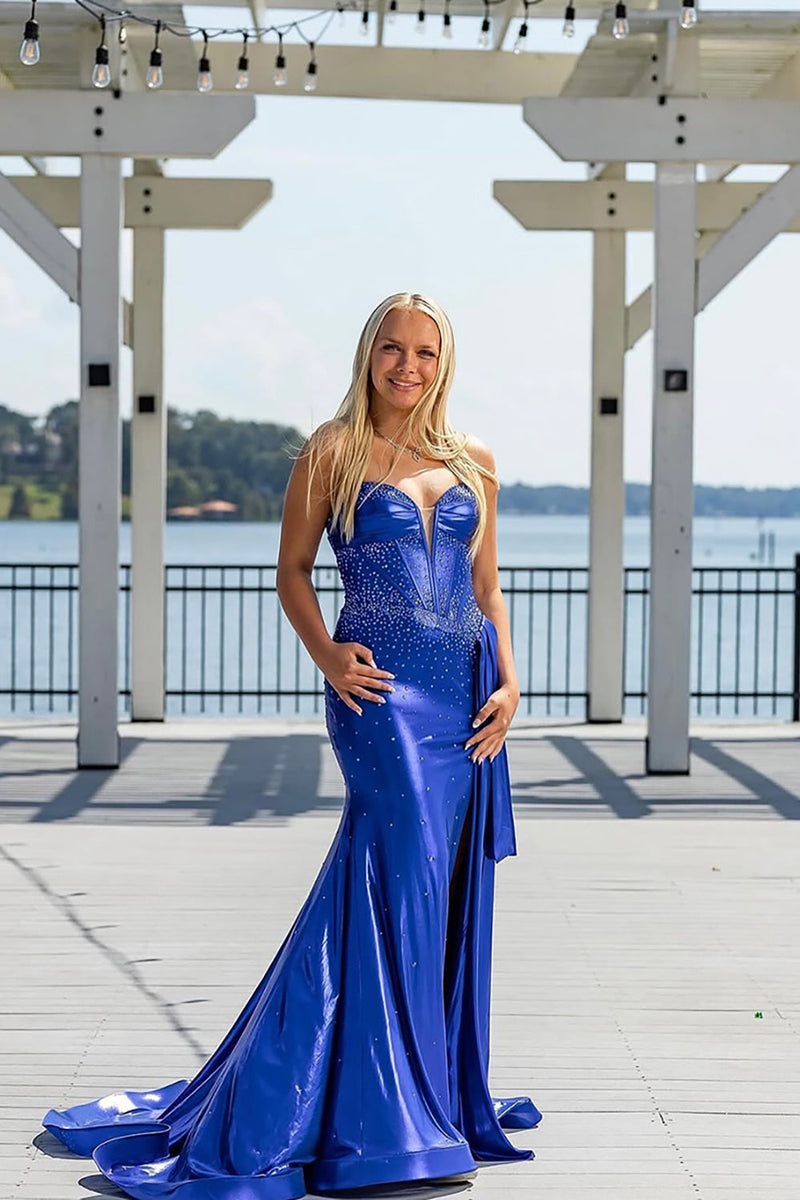 Load image into Gallery viewer, Sparkly Royal Blue Mermaid Strapless Corset Long Prom Dress