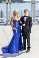 Load image into Gallery viewer, Sparkly Royal Blue Mermaid Strapless Corset Long Prom Dress