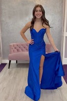 Load image into Gallery viewer, Sparkly Royal Blue Corset Mermaid Long Prom Dress with Slit