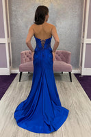 Load image into Gallery viewer, Sparkly Royal Blue Corset Mermaid Long Prom Dress with Slit
