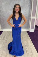 Load image into Gallery viewer, Royal Blue Satin Mermaid V Neck Long Prom Dress