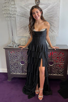 Load image into Gallery viewer, Sparkly Black Beaded Ruffled Long Corset Prom Dress with Slit