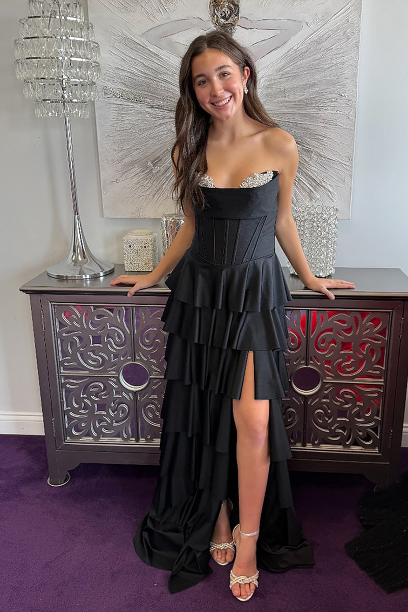 Load image into Gallery viewer, Sparkly Black Beaded Ruffled Long Corset Prom Dress with Slit