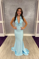 Load image into Gallery viewer, Light Blue Ruffled Mermaid V Neck Long Prom Dress