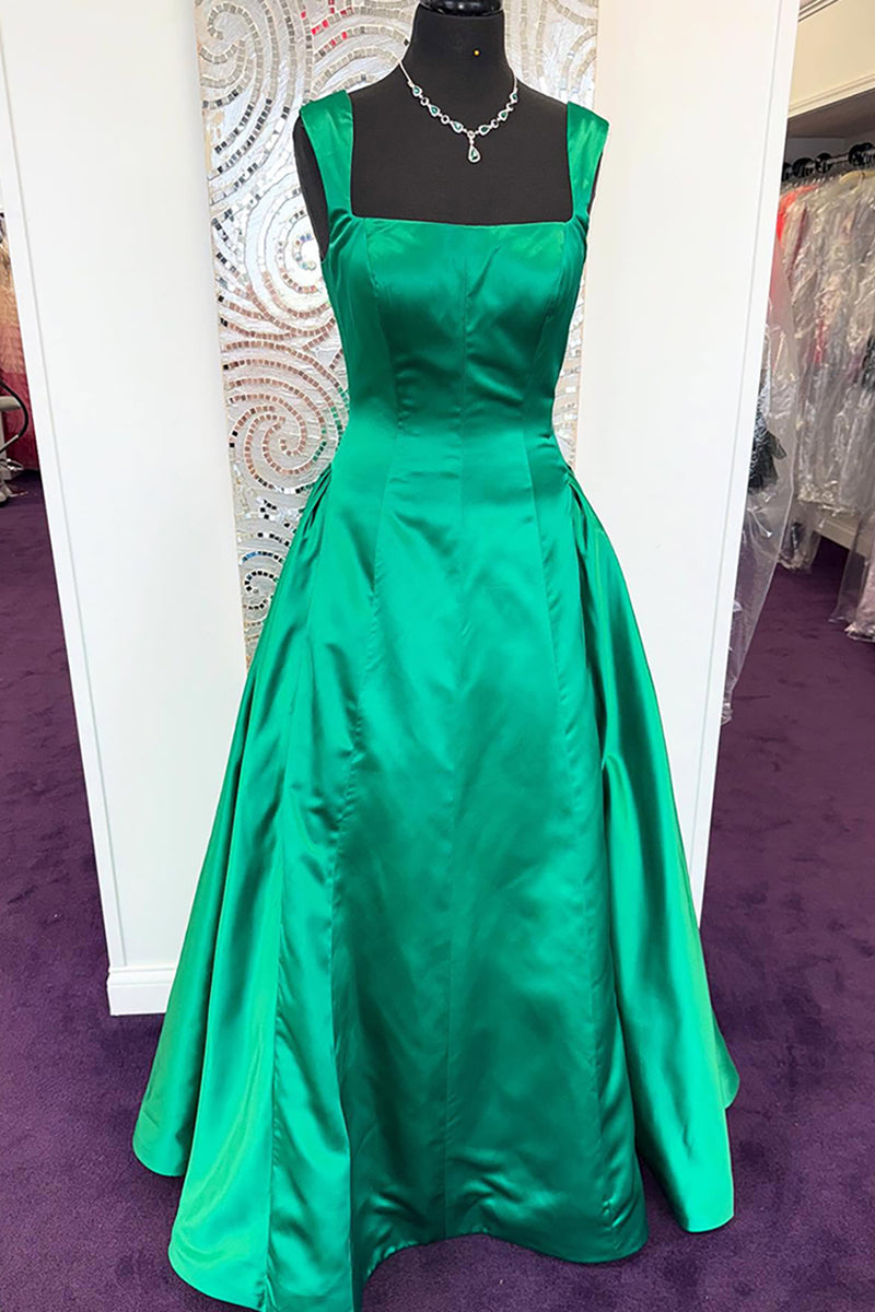 Load image into Gallery viewer, Emerald Green Satin Thick Straps A Line Long Prom Dress