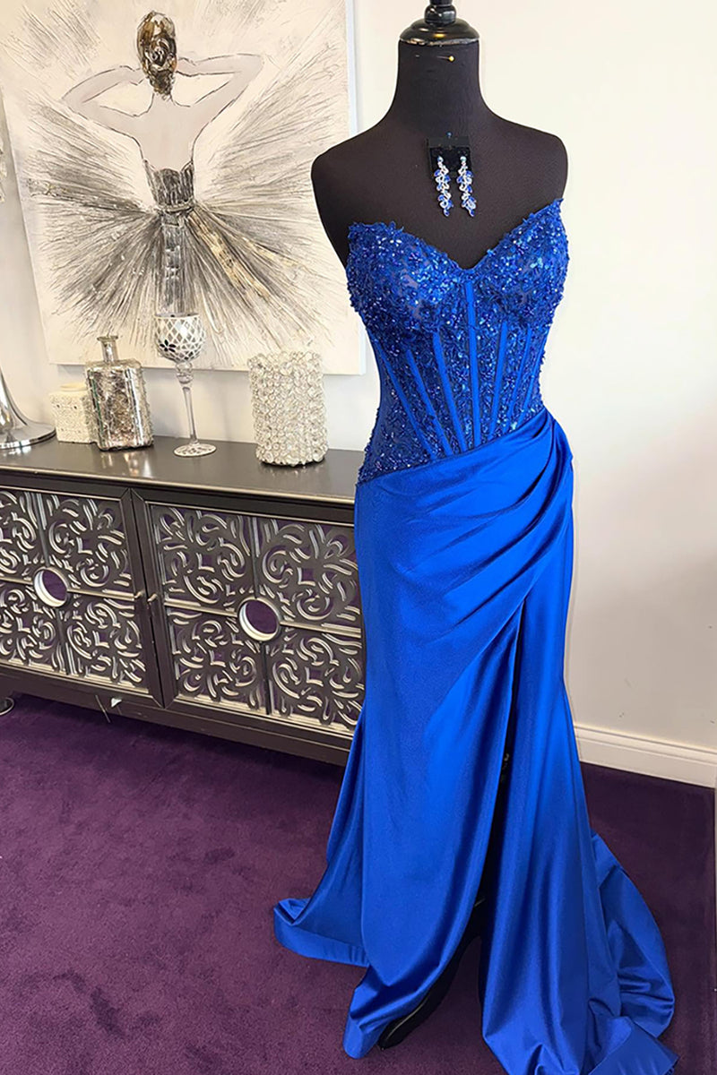 Load image into Gallery viewer, Sparkly Royal Blue Strapless Mermaid Long Corset Prom Dress