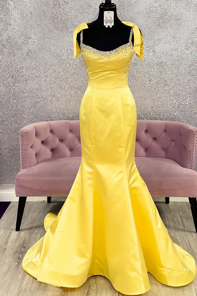 Sparkly Yellow Mermaid Long Prom Dress with Bow