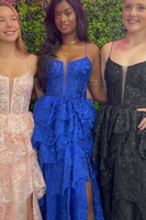 Load image into Gallery viewer, Sparkly Black Ruffled Beaded Corset Long Prom Dress with Slit