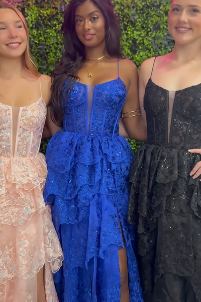 Sparkly Black Ruffled Beaded Corset Long Prom Dress with Slit