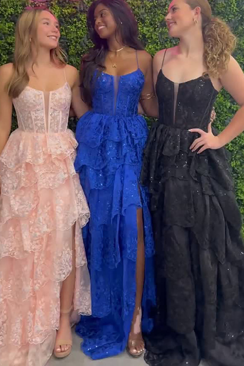 Load image into Gallery viewer, Sparkly Black Ruffled Beaded Corset Long Prom Dress with Slit