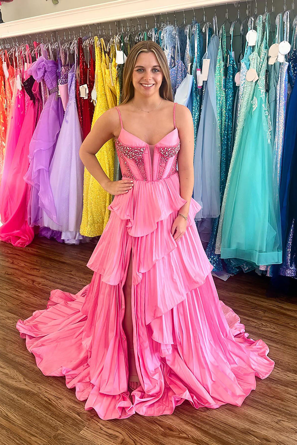 Sparkly Pink Ruffled Corset Long Prom Dress with Slit