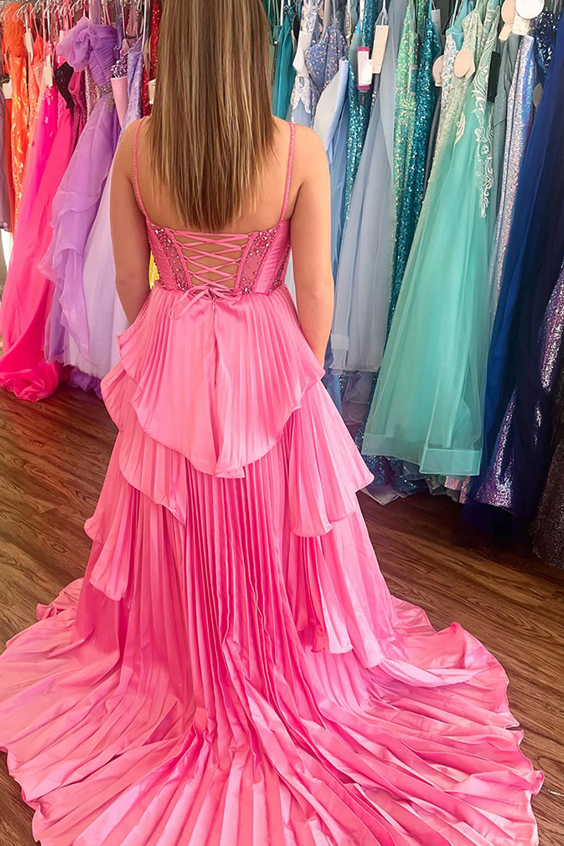 Load image into Gallery viewer, Sparkly Pink Ruffled Corset Long Prom Dress with Slit