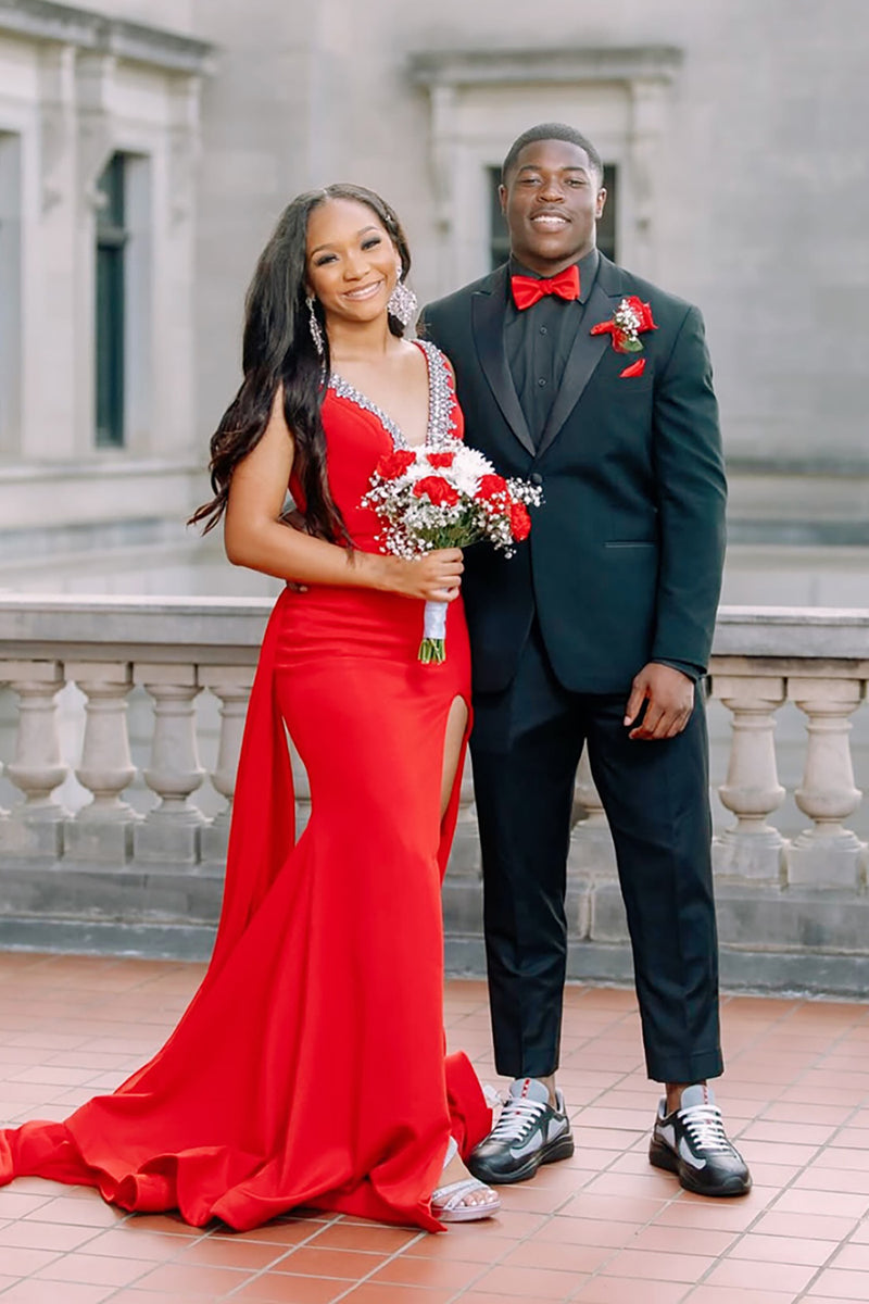 Load image into Gallery viewer, Sparkly Royal Blue Satin Mermaid V Neck Long Prom Dress with Cape