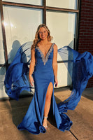 Load image into Gallery viewer, Sparkly Royal Blue Satin Mermaid V Neck Long Prom Dress with Cape
