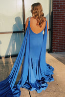Load image into Gallery viewer, Sparkly Royal Blue Satin Mermaid V Neck Long Prom Dress with Cape