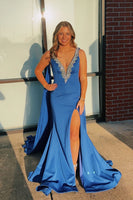 Load image into Gallery viewer, Sparkly Royal Blue Satin Mermaid V Neck Long Prom Dress with Cape