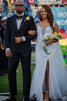 Load image into Gallery viewer, Sparkly Royal Blue Satin Mermaid V Neck Long Prom Dress with Cape