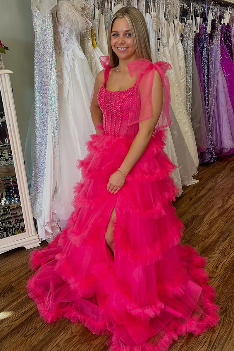 Load image into Gallery viewer, Sparkly Fuchsia Ruffled Long Corset Prom Dress with Slit