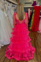 Load image into Gallery viewer, Sparkly Fuchsia Ruffled Long Corset Prom Dress with Slit