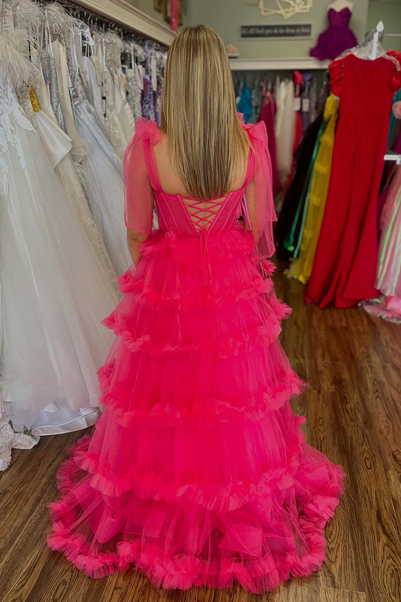 Load image into Gallery viewer, Sparkly Fuchsia Ruffled Long Corset Prom Dress with Slit
