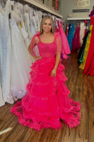 Load image into Gallery viewer, Sparkly Fuchsia Ruffled Long Corset Prom Dress with Slit