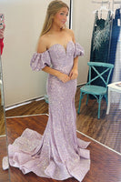 Load image into Gallery viewer, Sparkly Lilac Sequin Off the Shoulder Mermaid Long Prom Dress