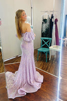 Load image into Gallery viewer, Sparkly Lilac Sequin Off the Shoulder Mermaid Long Prom Dress