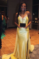 Load image into Gallery viewer, Sparkly Gold Satin Mermaid Corset Long Prom Dress with Slit